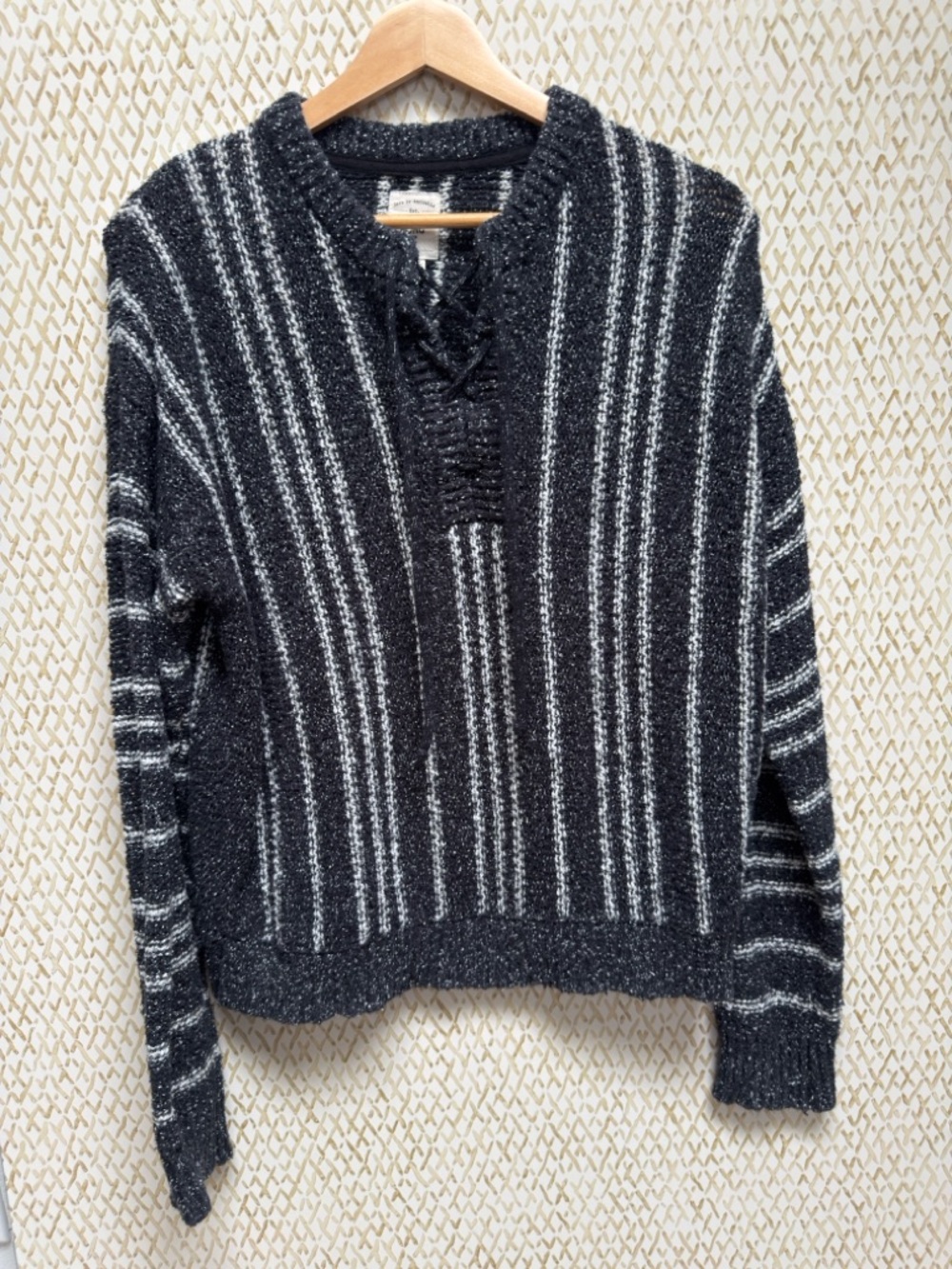 Billabong Striped Lace Up V-Neck Sweater Baja Surf Coastal Boho Knit Pullover- S